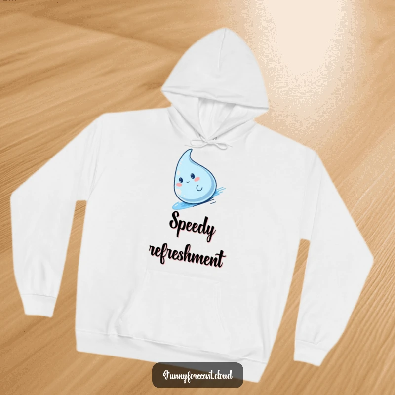 Funny kawaii raindrop character sliding fast, designed for a cozy and humorous hoodie.