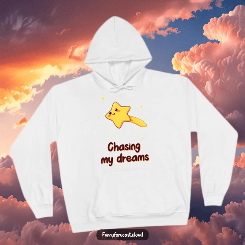 Funny kawaii shooting star character hoodie, zooming with a trailing giggle, soft, cozy apparel with cosmic humor.