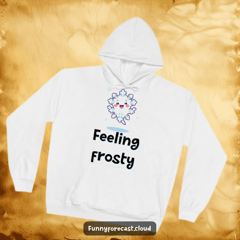 Funny kawaii snowflake character happily dancing and spinning in the air, featured on a soft and cozy hoodie.