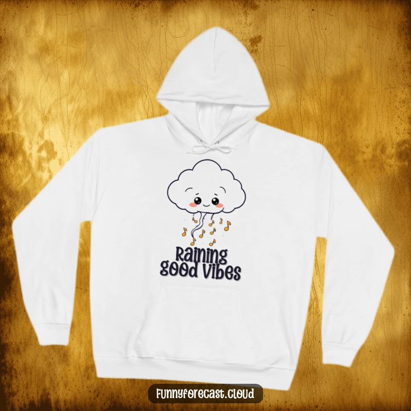 Funny kawaii thundercloud character hoodie, releasing cheerful musical notes, soft, cozy apparel with a melodic twist.