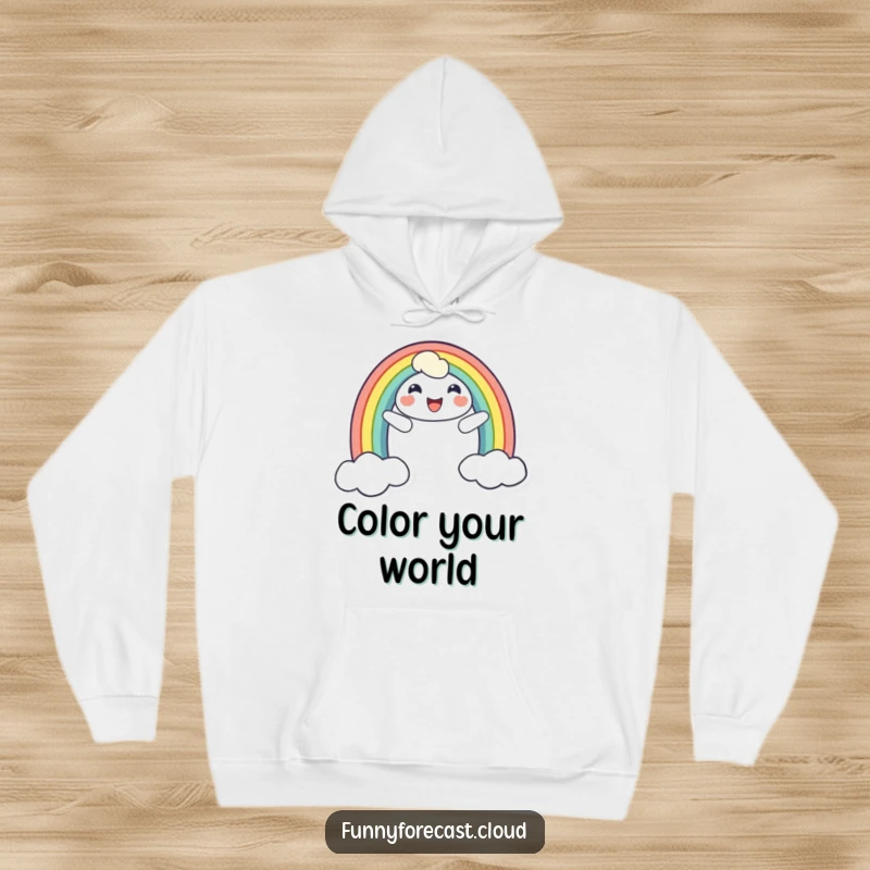 Funny hoodie featuring a smiling rainbow character arching across the sky, providing cozy comfort and uplifting colorful humor.