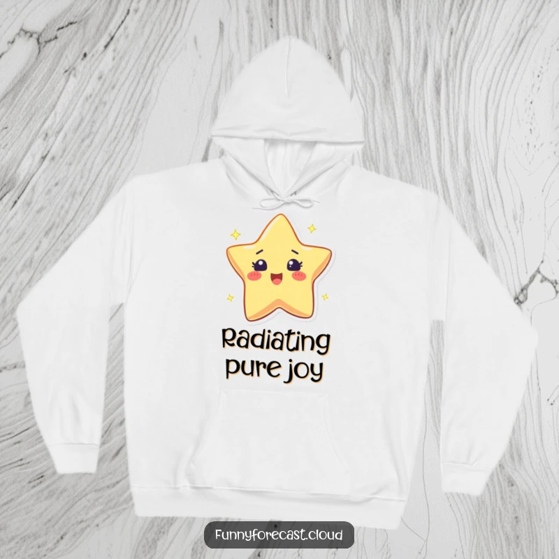 Funny hoodie featuring a twinkling star character with an excited sparkle, offering warmth and radiant cheer.