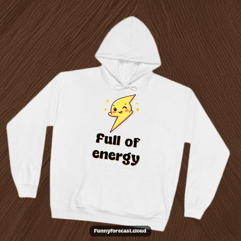 Funny hoodie showcasing a lightning bolt character zipping with a playful wink, perfect for staying warm while radiating energetic humor.