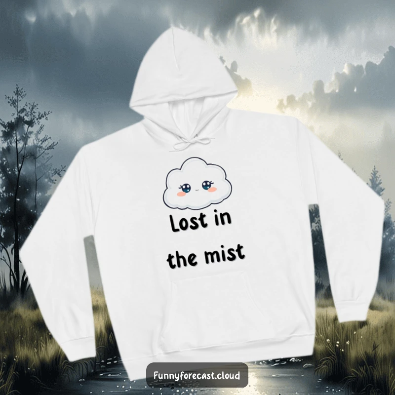 Funny Hoodie: A foggy cloud character with only visible eyes, peeking mysteriously from the soft mist.