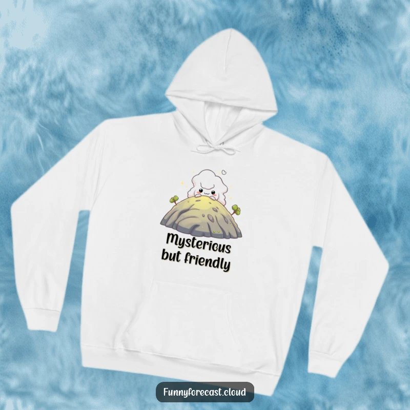 Funny hoodie: A cheeky fog creature emerging from behind a hill, creating an atmosphere of playful mystery.