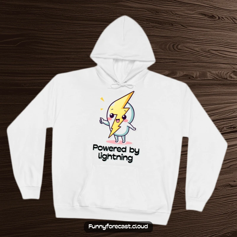 Funny cute lightning bolt character striking a whimsical zig-zag on a hoodie, providing warmth and humor.