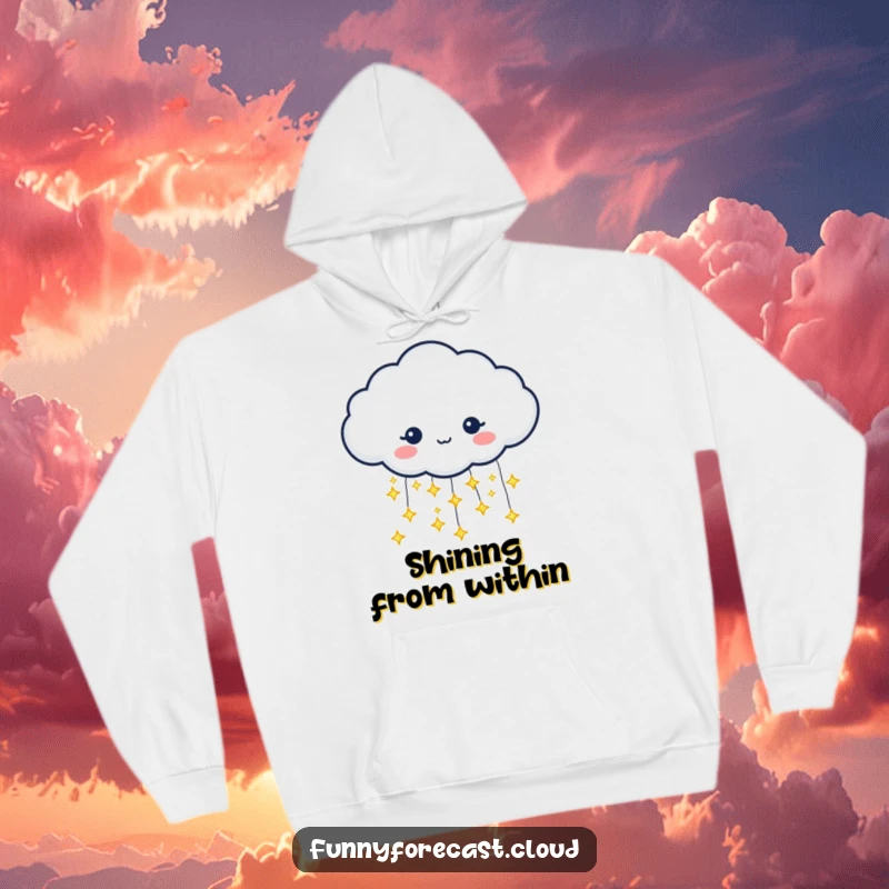 Cozy funny hoodie showing a rain cloud character pouring tiny, glittering stars instead of rain. Magical comfort.
