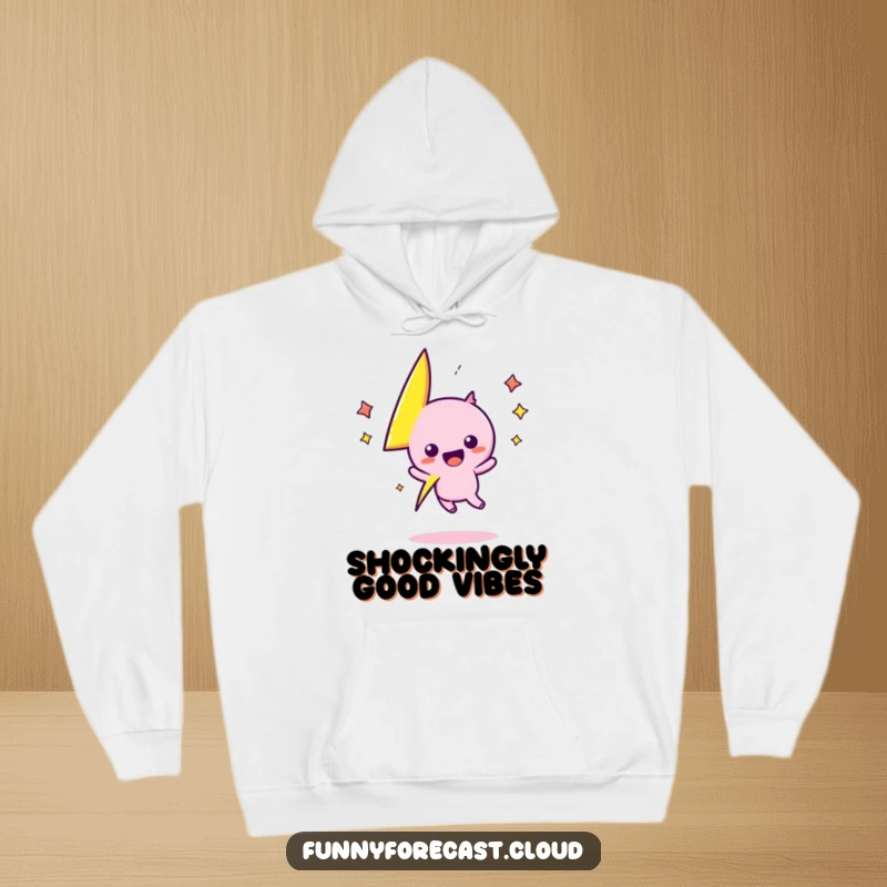Funny kawaii lightning bolt character zigs and zags with energetic excitement on this comfy hoodie, a hilarious funny gift.