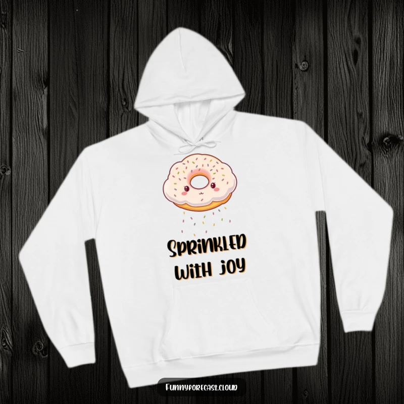Funny Hoodie: A delightful donut-shaped cloud happily raining down a cascade of colorful sprinkles, cozy and sweet.