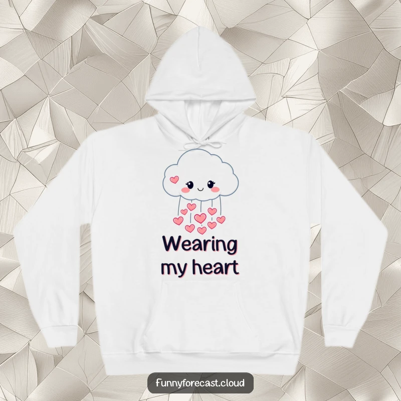 Funny hoodie with a happy raincloud character pouring hearts, offering cozy love and warmth.