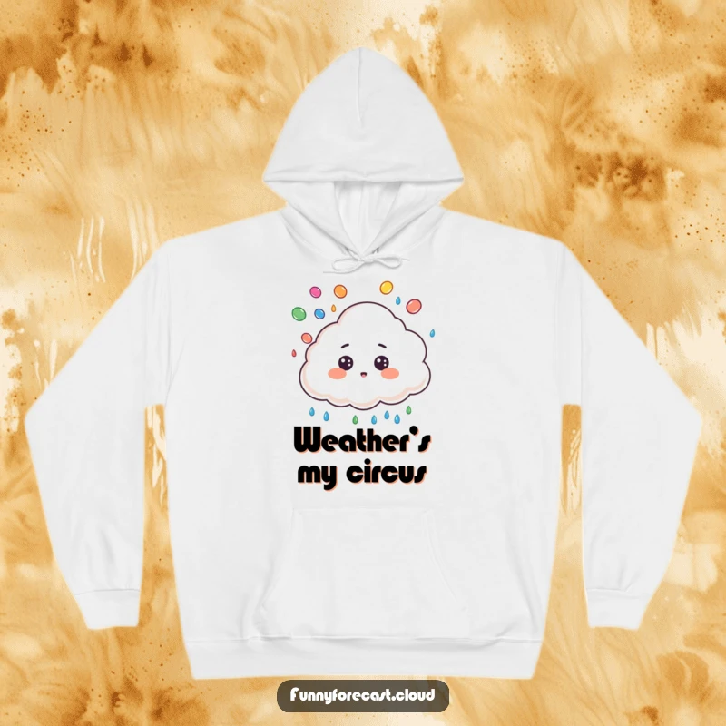 Funny hoodie showcasing a cute cloud character, surprised expression, juggling colorful raindrops, perfect for cozy, rainy days.