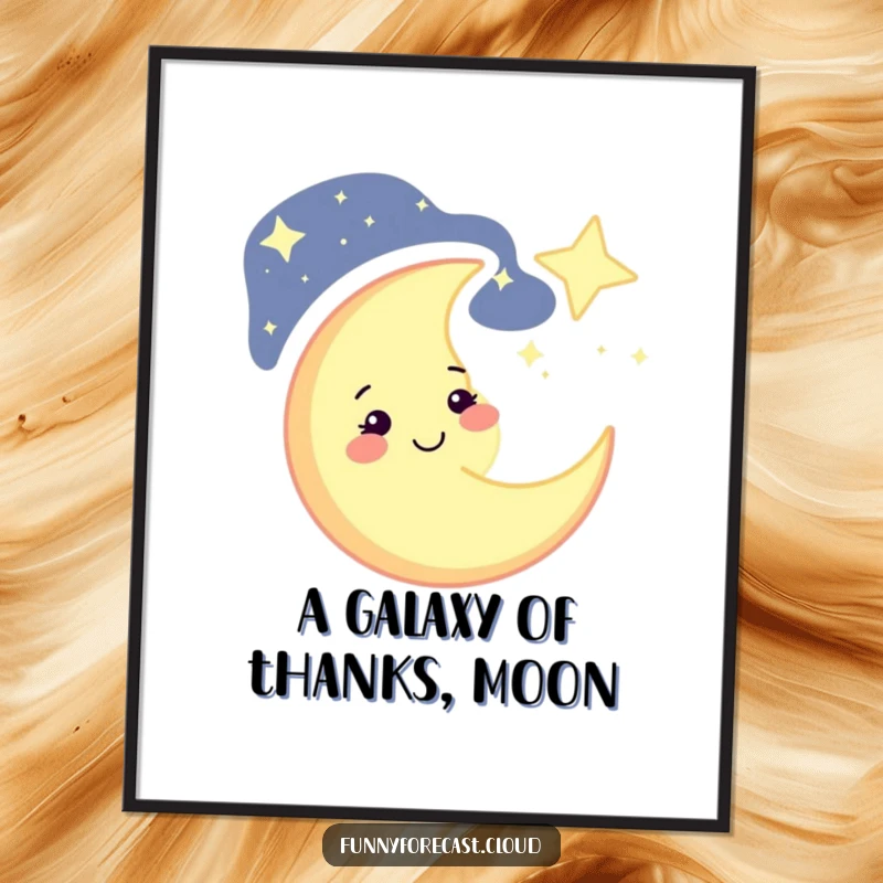Funny Free Printable Wall Art: A cheerful crescent moon winks knowingly at a vast, sparkling starry sky, creating celestial decor.