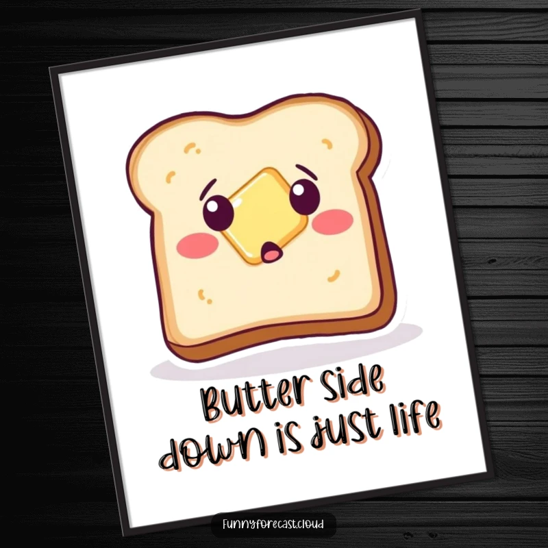 Funny Free Printable Wall Art: A sentient toast piece with a surprised expression as butter slides comically off its surface.