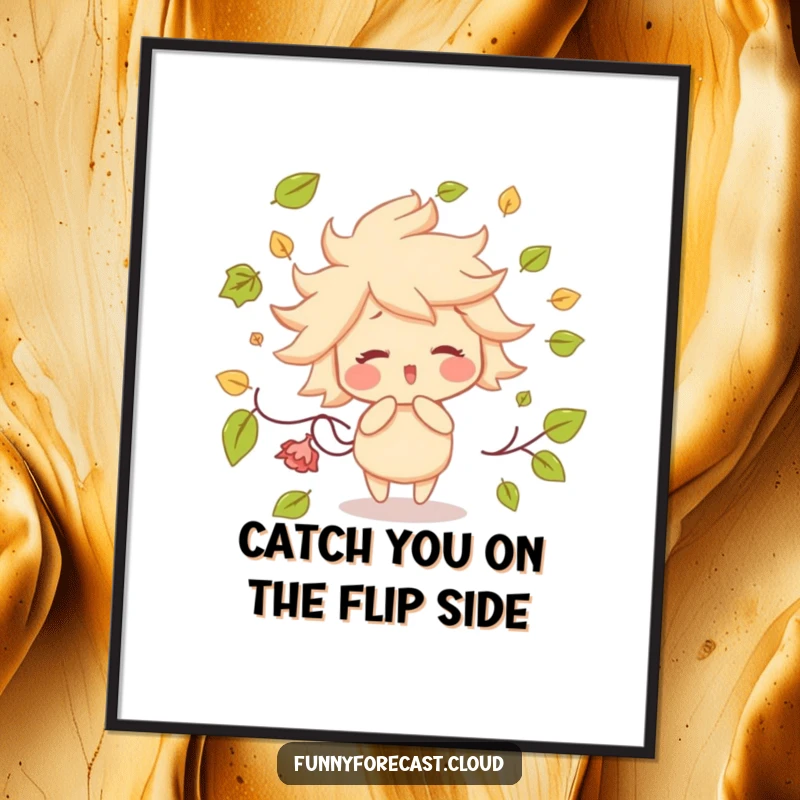 Funny Free Printable Wall Art depicting a cute wind character with rosy cheeks playfully scattering autumn leaves, adding a whimsical touch to any room.