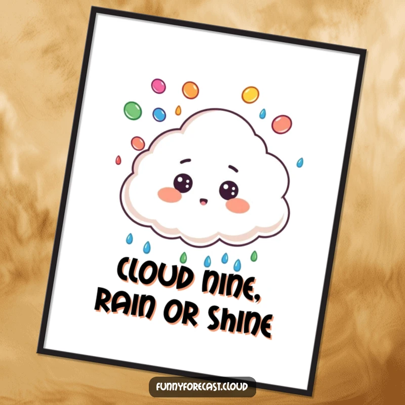 Funny Free Printable Wall Art: Cute cloud character looking surprised while juggling colorful raindrops, whimsical weather art.