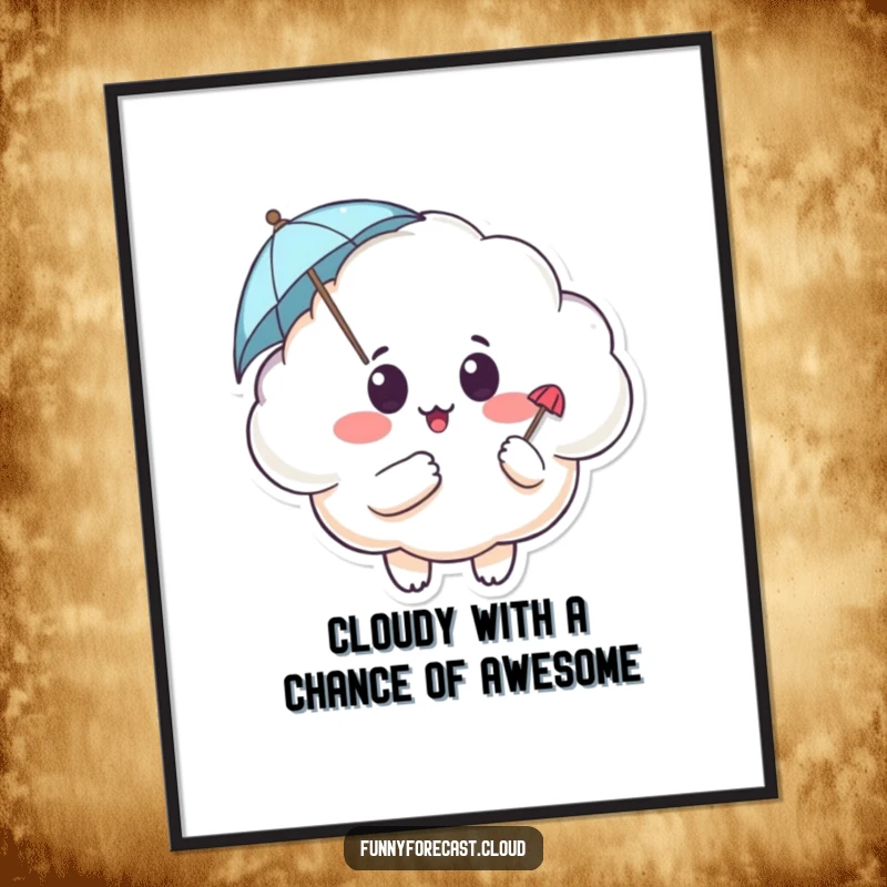 Funny Free Printable Wall Art featuring a chubby cloud with a surprised face holding a miniature umbrella, a cute and humorous piece.