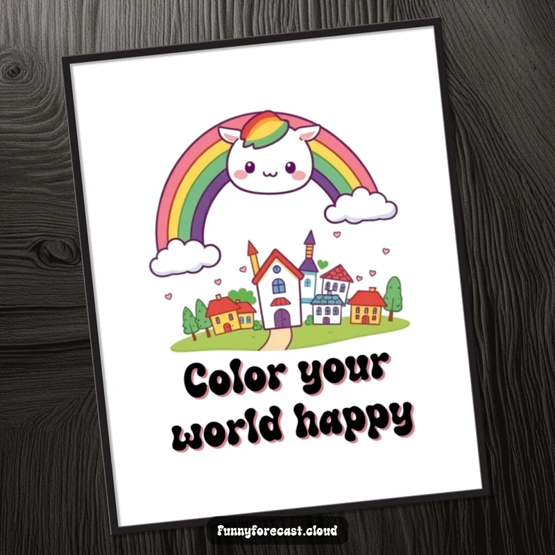 Funny Free Printable Wall Art: a kawaii rainbow charcter arching cheerfully over a small, smiling town, bringing vibrant happiness.