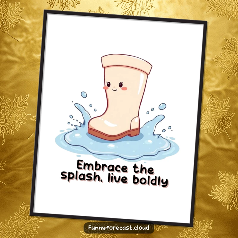 Funny Free Printable Wall Art: A cheerful rain boot happily creating a colossal splash in a puddle, bringing playful energy.