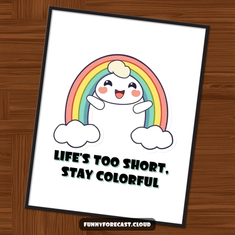 Funny Free Printable Wall Art: A cheerful rainbow character with a bright smile, arching across the sky in a vibrant, humorous display.