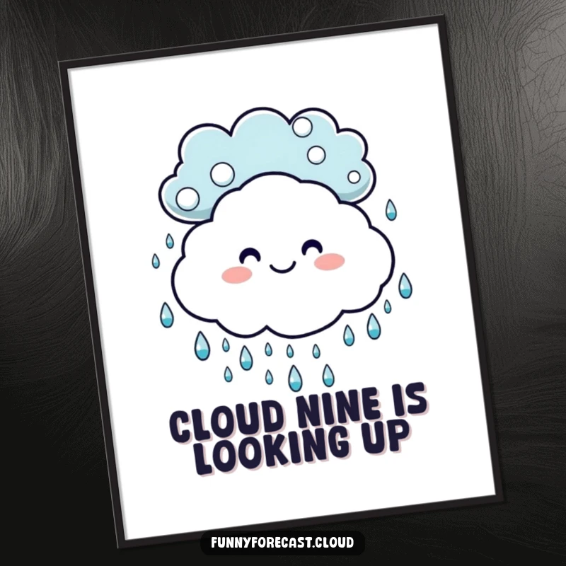 Funny Free Printable Wall Art: A smiling cloud oversees dancing raindrops, creating a whimsical and cheerful weather-themed artwork.