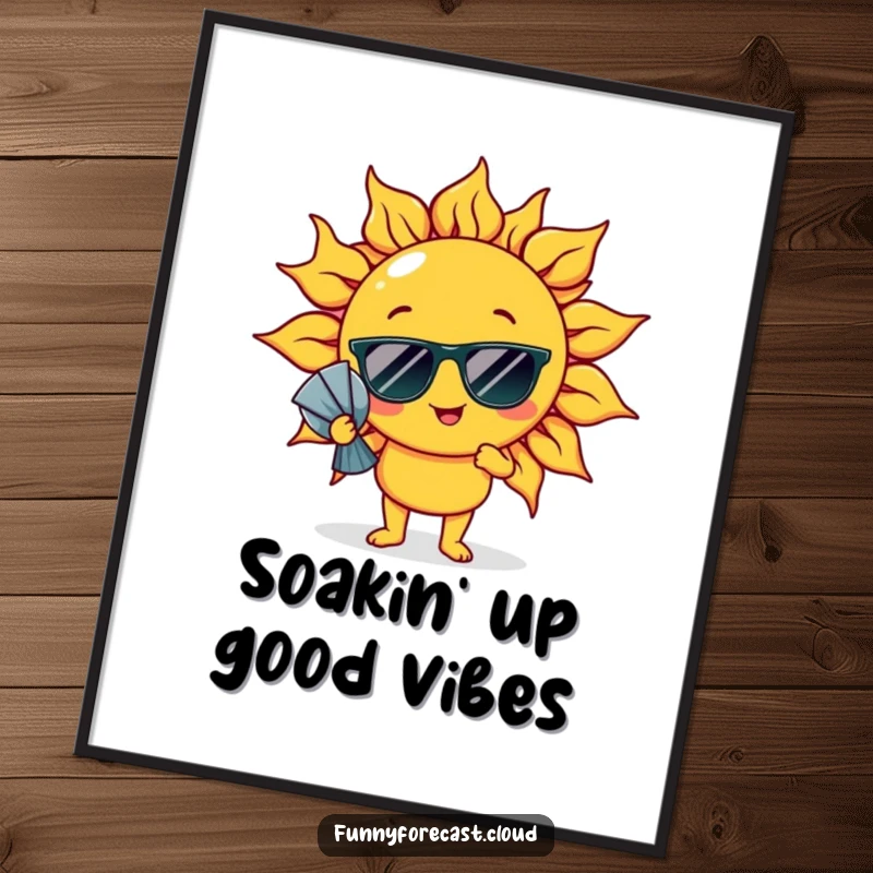 Funny Free Printable Wall Art: A sun character wearing sunglasses and fanning itself comically, cool decor.