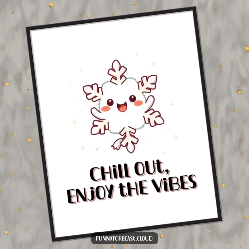 Funny Free Printable Wall Art: Cute kawaii snowflake character joyfully twirling gracefully as it falls through the air.