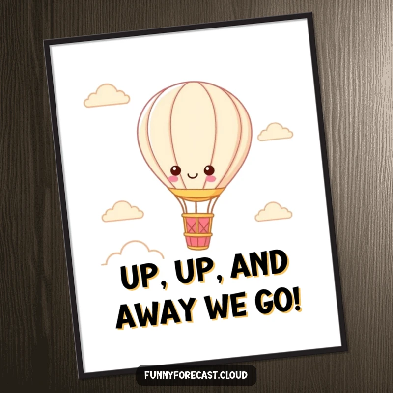 Funny Free Printable Wall Art: Enchanting kawaii hot air balloon character floating peacefully in a radiant, bright sky.