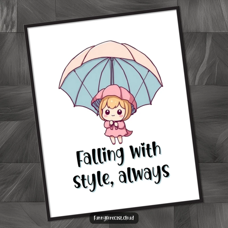 Funny Free Printable Wall Art: Whimsical kawaii character descending safely using an umbrella as a parachute against a plain background.