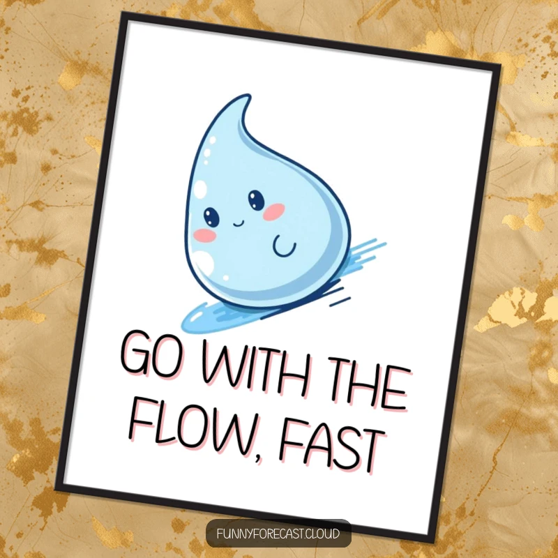 Funny Free Printable Wall Art: Cute kawaii raindrop character in mid-slide down a tilted surface with a trail of speed lines.