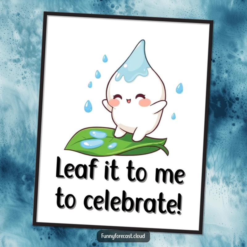 Funny Free Printable Wall Art: A delightful raindrop character joyfully bouncing on a bright green leaf.