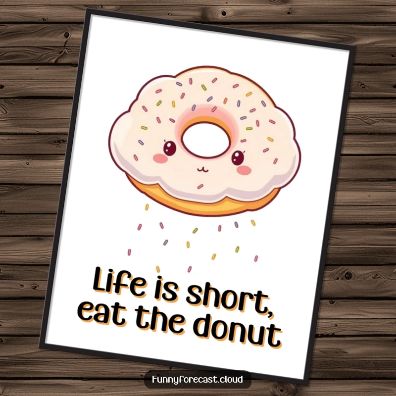 Funny Free Printable Wall Art: A fluffy cloud shaped like a donut raining a cascade of colorful sprinkles, adding sweet decor.