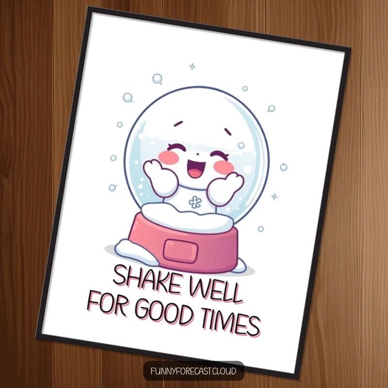 Funny Free Printable Wall Art: A snow globe character shaking vigorously, releasing a flurry of sparkling snowflakes, creating a dynamic and cheerful winter scene.