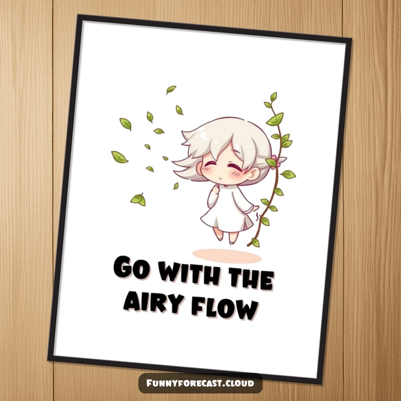 Funny Free Printable Wall Art: A giggling wind character playfully blowing a flurry of leaves, adding charm.
