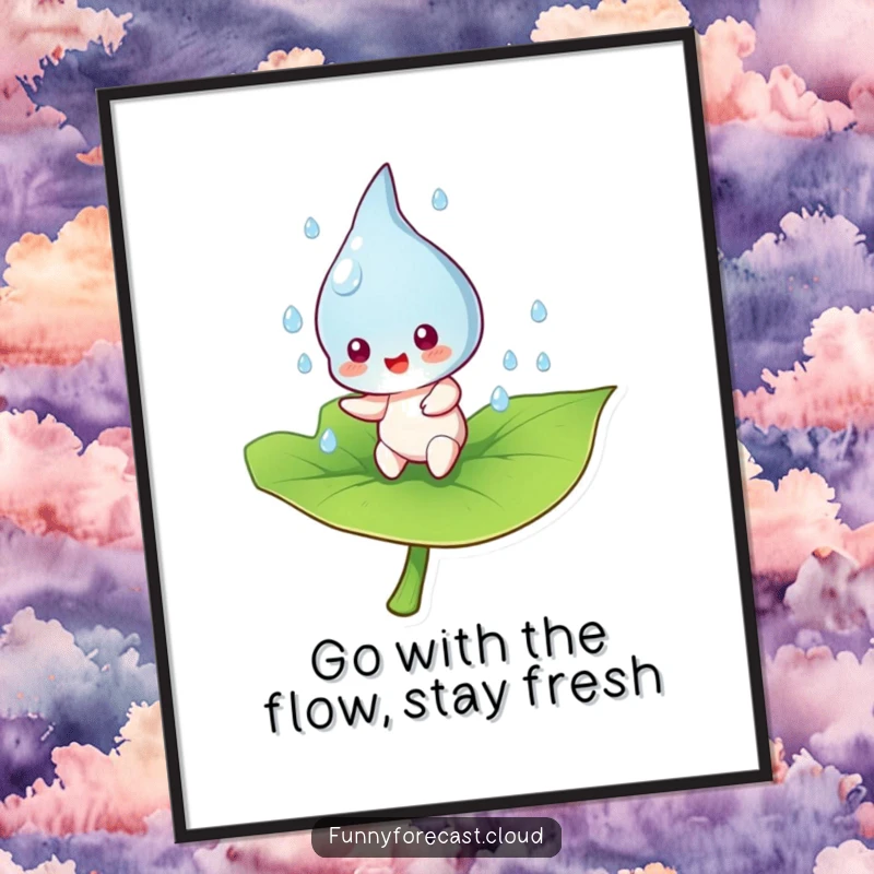 Funny Free Printable Wall Art: A cheerful raindrop character joyfully bouncing on a leaf, bringing a whimsical touch to any room.
