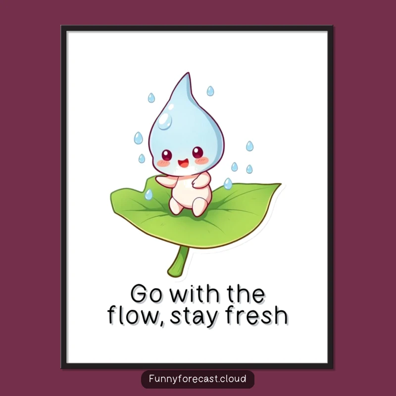 Funny Free Printable Wall Art: Raindrop Character Bouncing on Leaf Downloadable Decor
