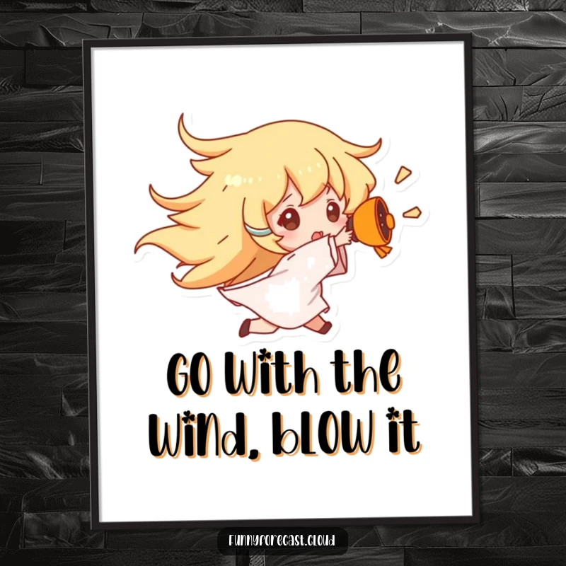 Funny Free Printable Wall Art: A strong wind character powerfully blowing another character away with gusto.