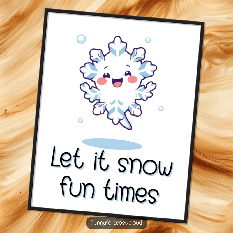 Funny Free Printable Wall Art: a kawaii snowflake character doing a happy dance, spinning joyfully in the air, adding festive cheer.