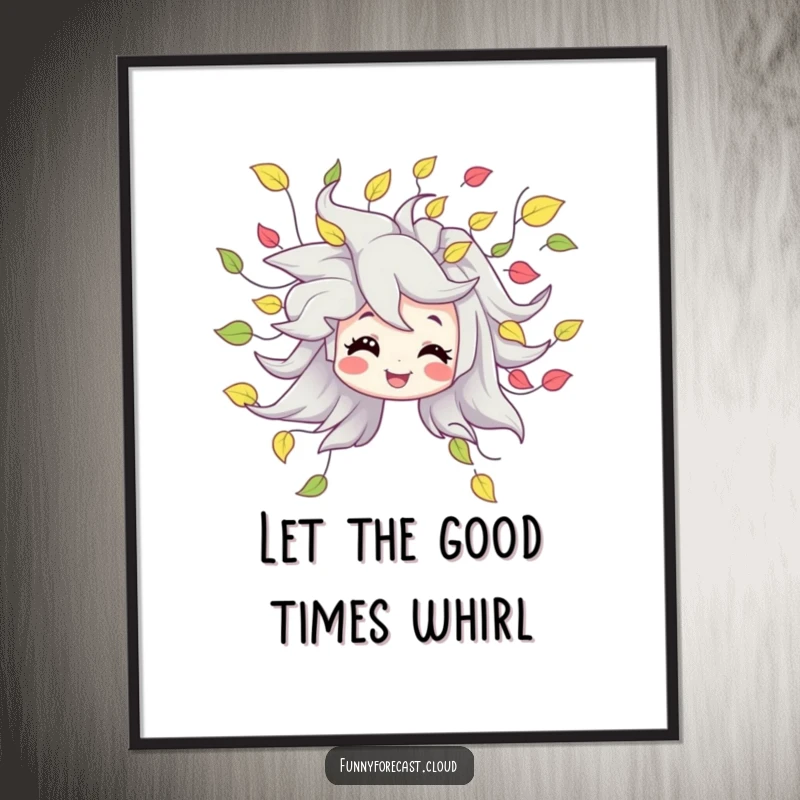 Funny free printable wall art depicting a happy wind character blowing a cascade of swirling leaves, adding playful decor.