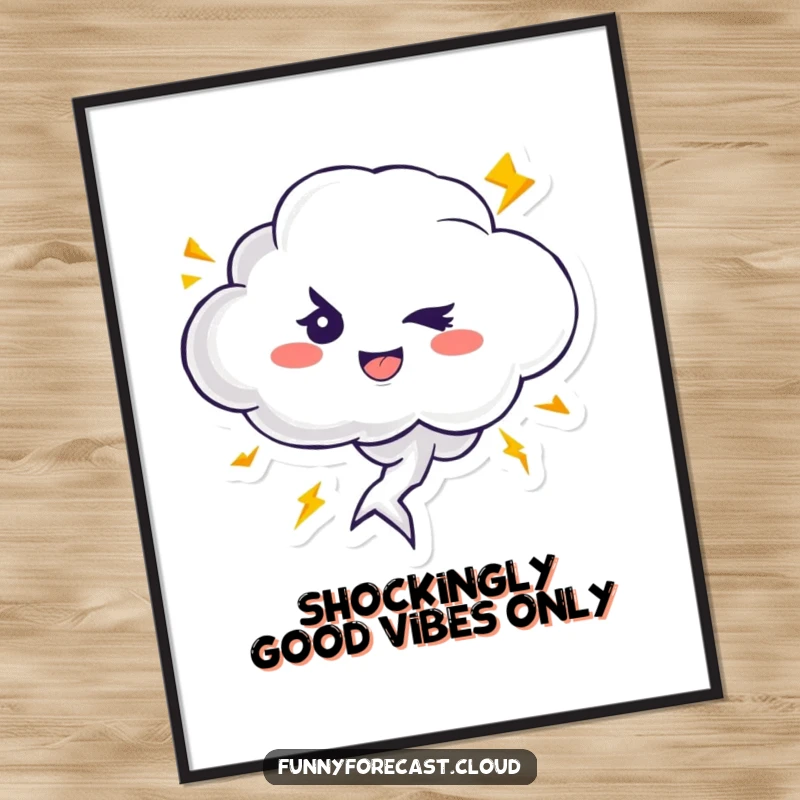 Funny free printable wall art of a cute, winking thundercloud character with playful lightning bolts zipping around, adding quirky decor.