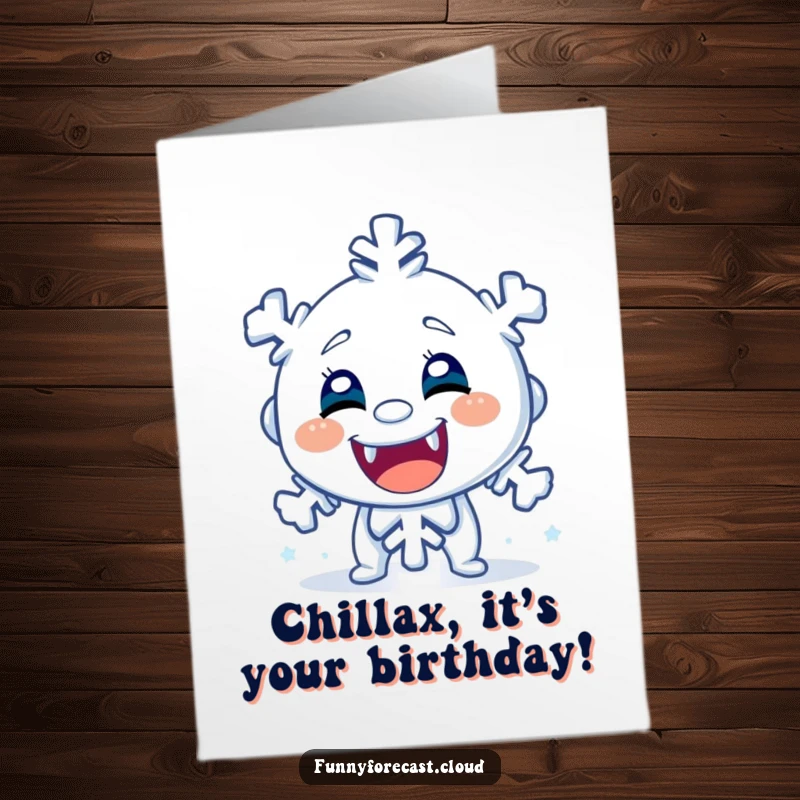 Funny Free Printable Birthday Card: A shivering snowflake character chattering teeth, offering birthday wishes with a comical, cold expression.