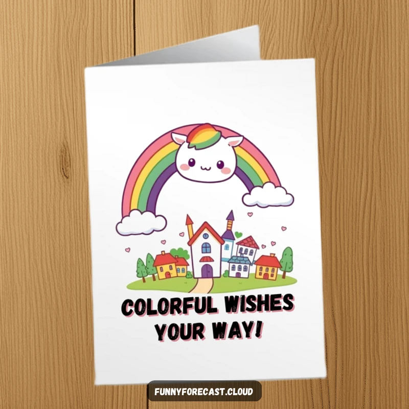 Funny Free Printable Birthday Card: a kawaii rainbow arching cheerfully over a small, smiling town, bringing colorful birthday wishes.