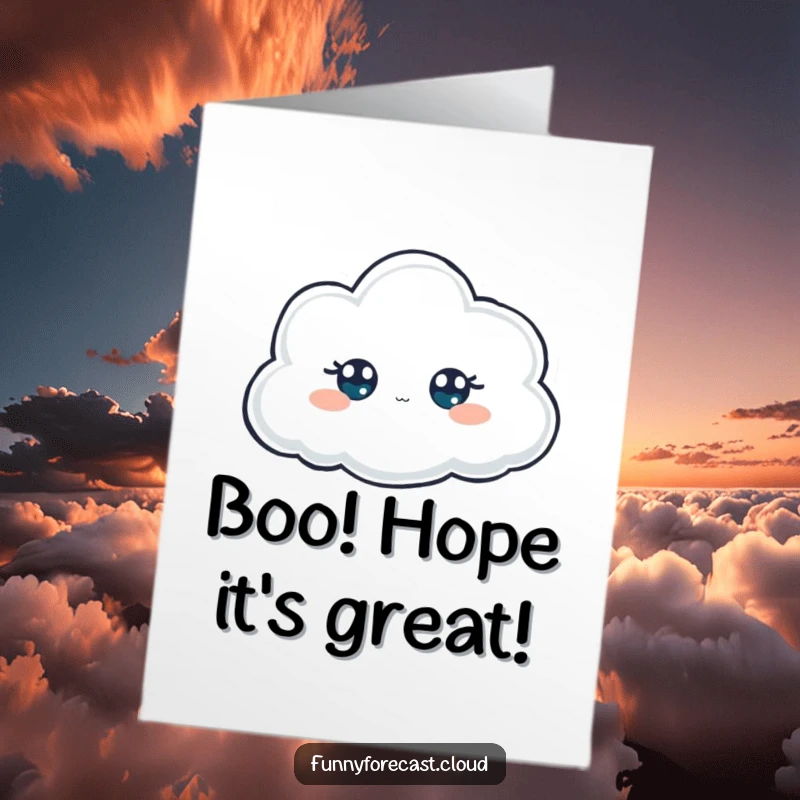 Funny Free Printable Birthday Card featuring a foggy cloud character with only cartoon eyes visible, playfully peeking out for a birthday surprise.