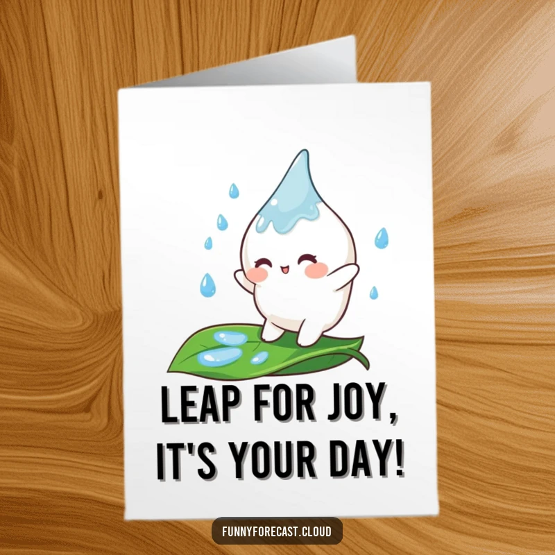 Funny Free Printable Birthday Card: A cheerful raindrop character joyfully bouncing on a vibrant green leaf.