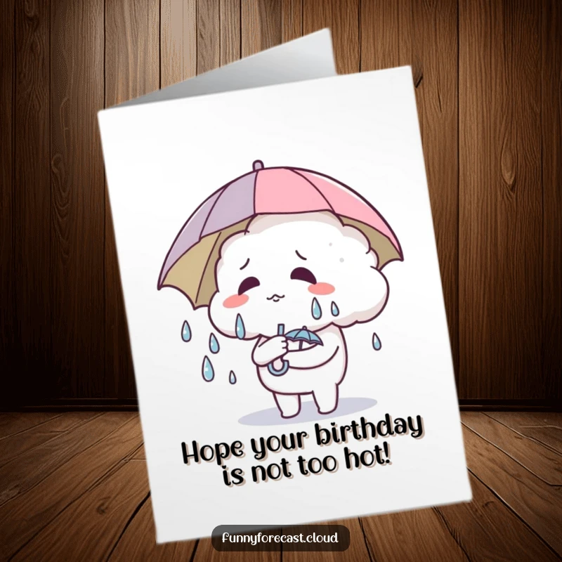 Funny Free Printable Birthday Card: Cute cloud character sweating heavily while holding a miniature umbrella, adding humor.