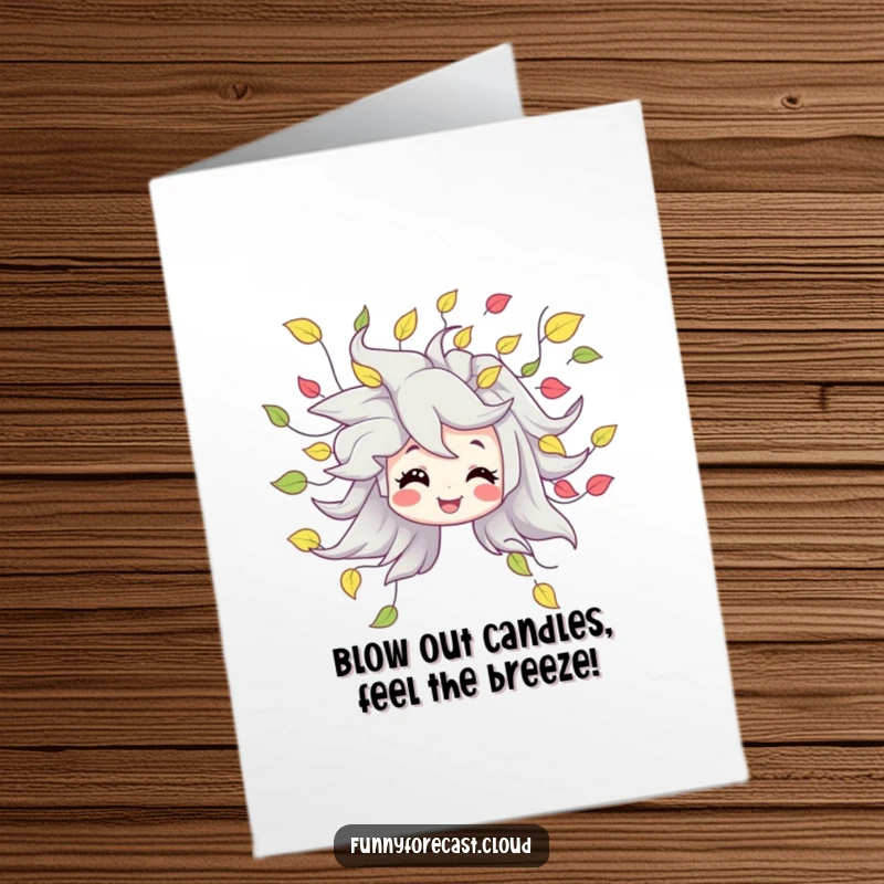 Funny free printable birthday card featuring a smiling wind character blowing colorful leaves, perfect for a lighthearted celebration.