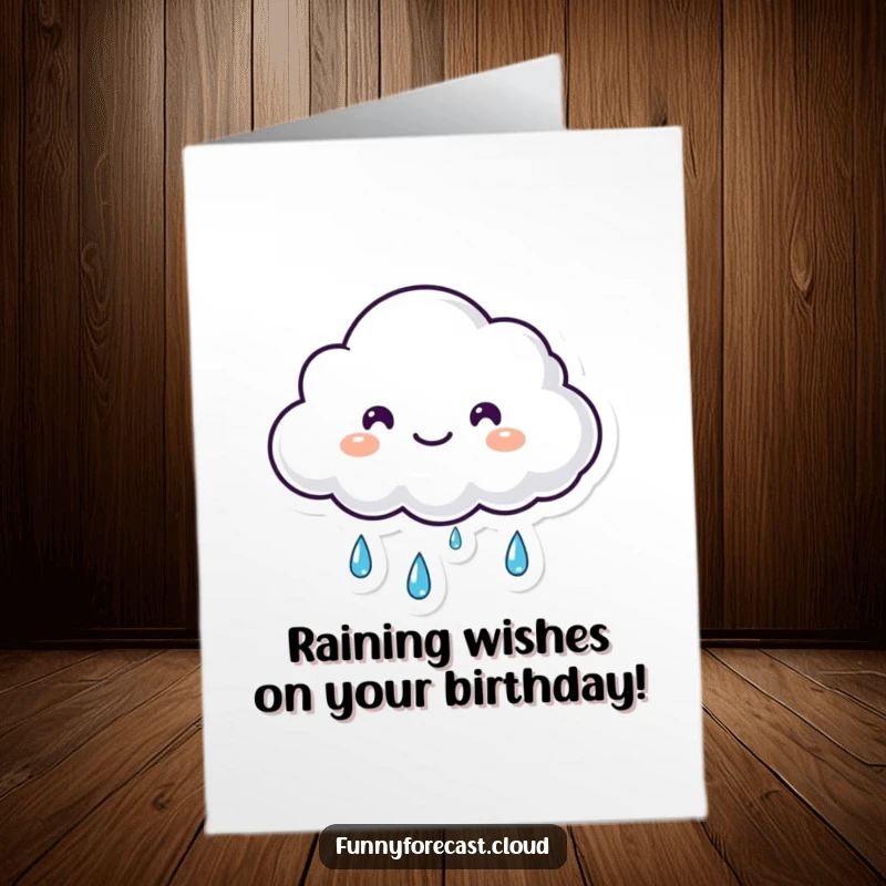 Funny Free Printable Birthday Card: Small, fluffy kawaii cloud crying happy tears of rain, celebrating a birthday with joyful exuberance.