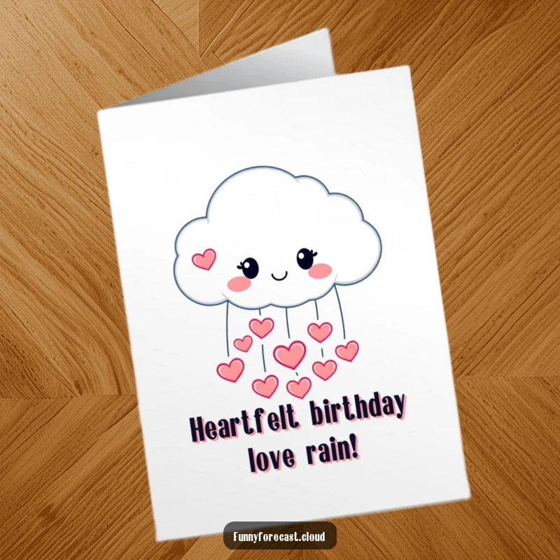 Funny Free Printable Birthday Card: A happy raincloud character pouring heart shapes instead of raindrops.