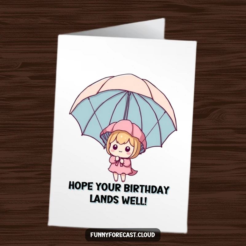 Funny Free Printable Birthday Card: Adorable kawaii character bravely uses an umbrella as a parachute, descending with a smile.