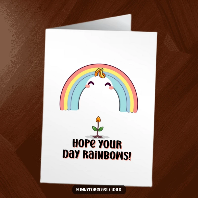 Funny Free Printable Birthday Card: A vibrant rainbow character arching protectively over a tiny, wide-eyed surprised sprout, symbolizing growth and good wishes.