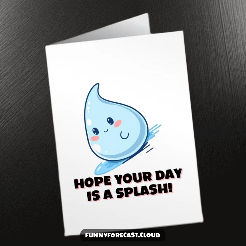 Funny Free Printable Birthday Card: Cute kawaii raindrop character joyfully sliding down a wet, tilted surface with great speed.
